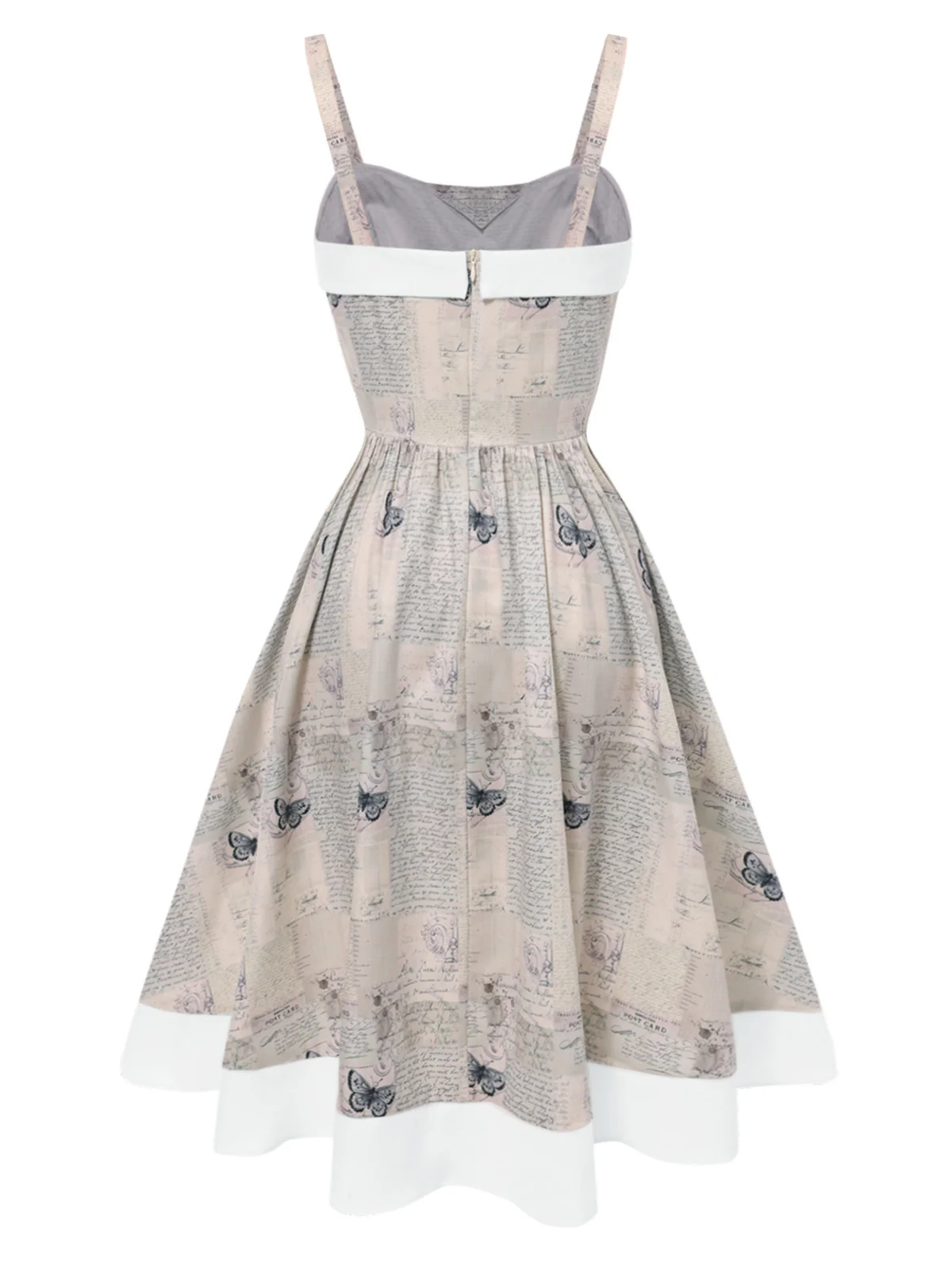 Khaki 1950s Newspaper Butterfly Patchwork Dress - Image 7