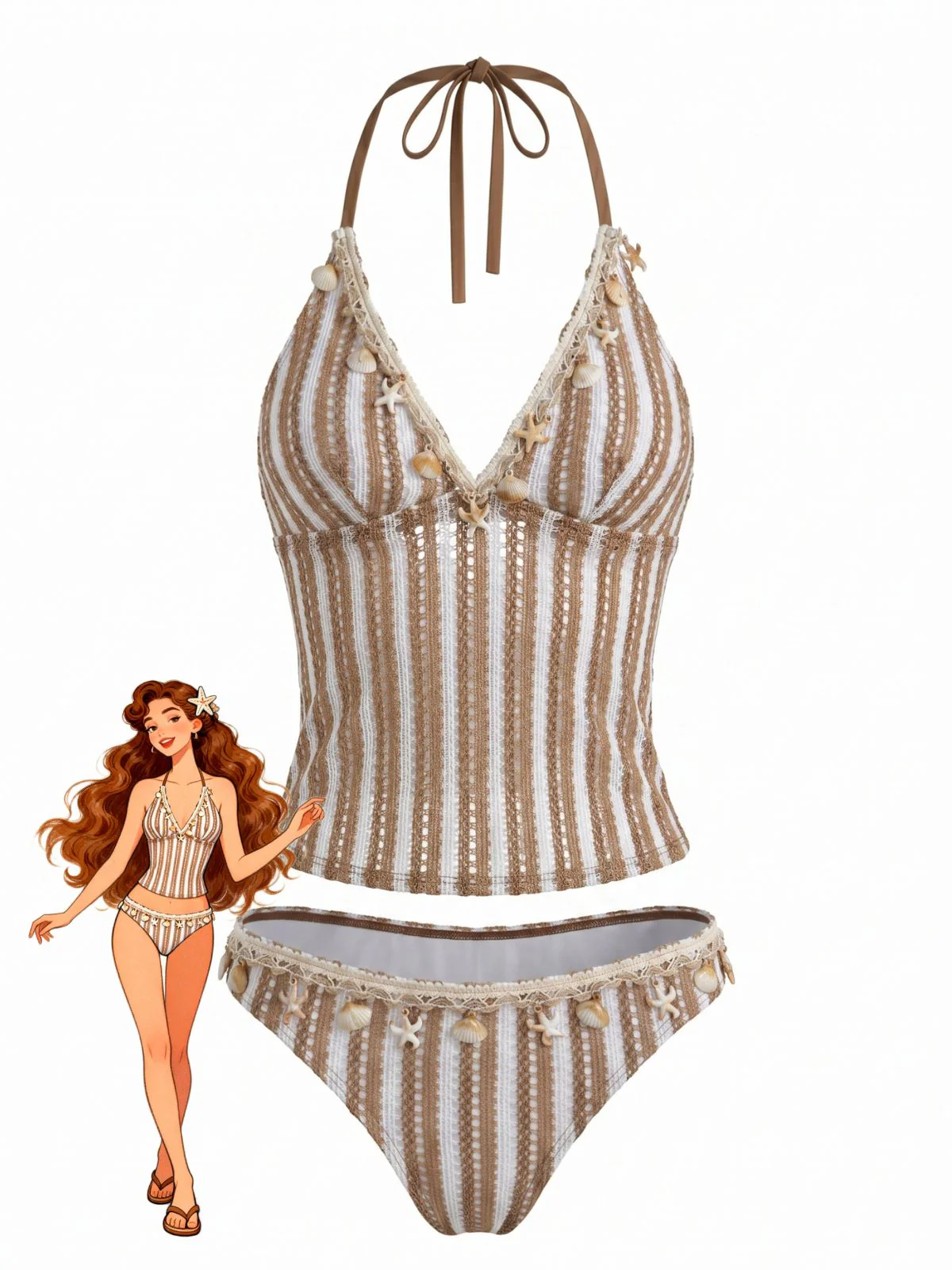 Khaki 1950s Striped Crochet 3D Seashell & Starfish Tankini Set