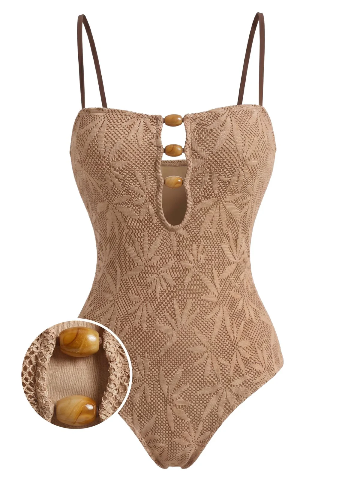 Khaki 1960s Jacquard Beaded One-Piece Swimsuit