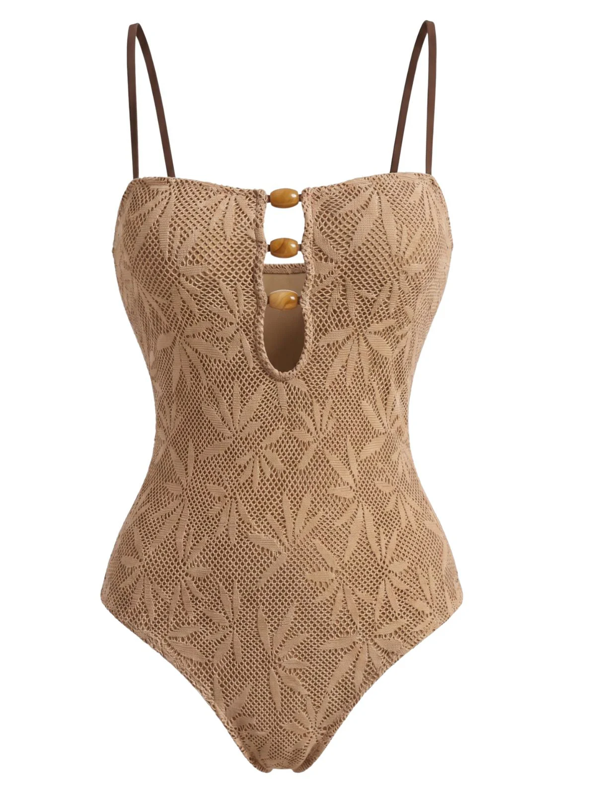Khaki 1960s Jacquard Beaded One-Piece Swimsuit - Image 2