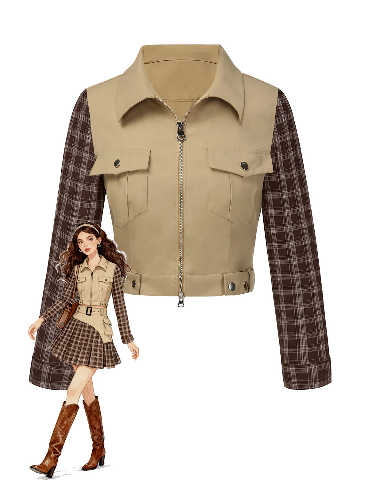 Khaki 1960s Lapel Tartan Plaids Zipper Jacket