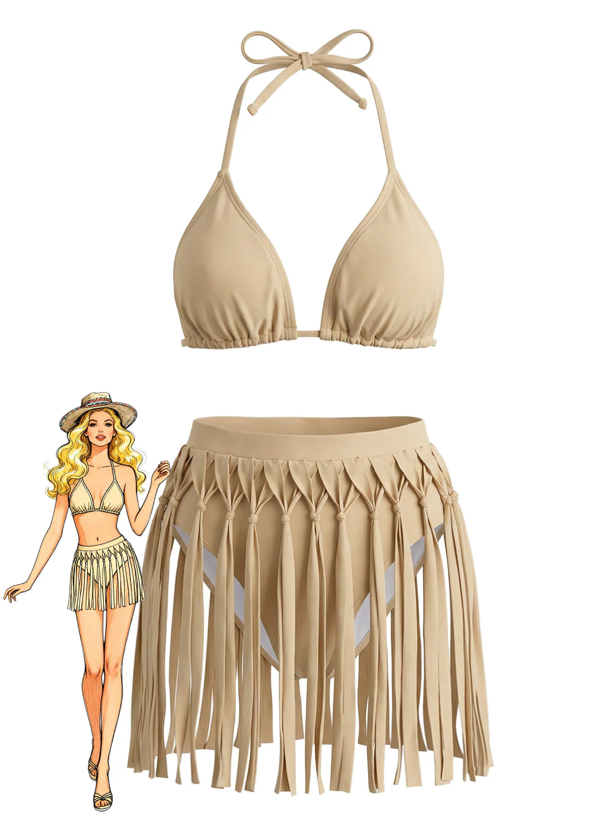 Khaki 1970s Fringe Patchwork Halter Bikini Set