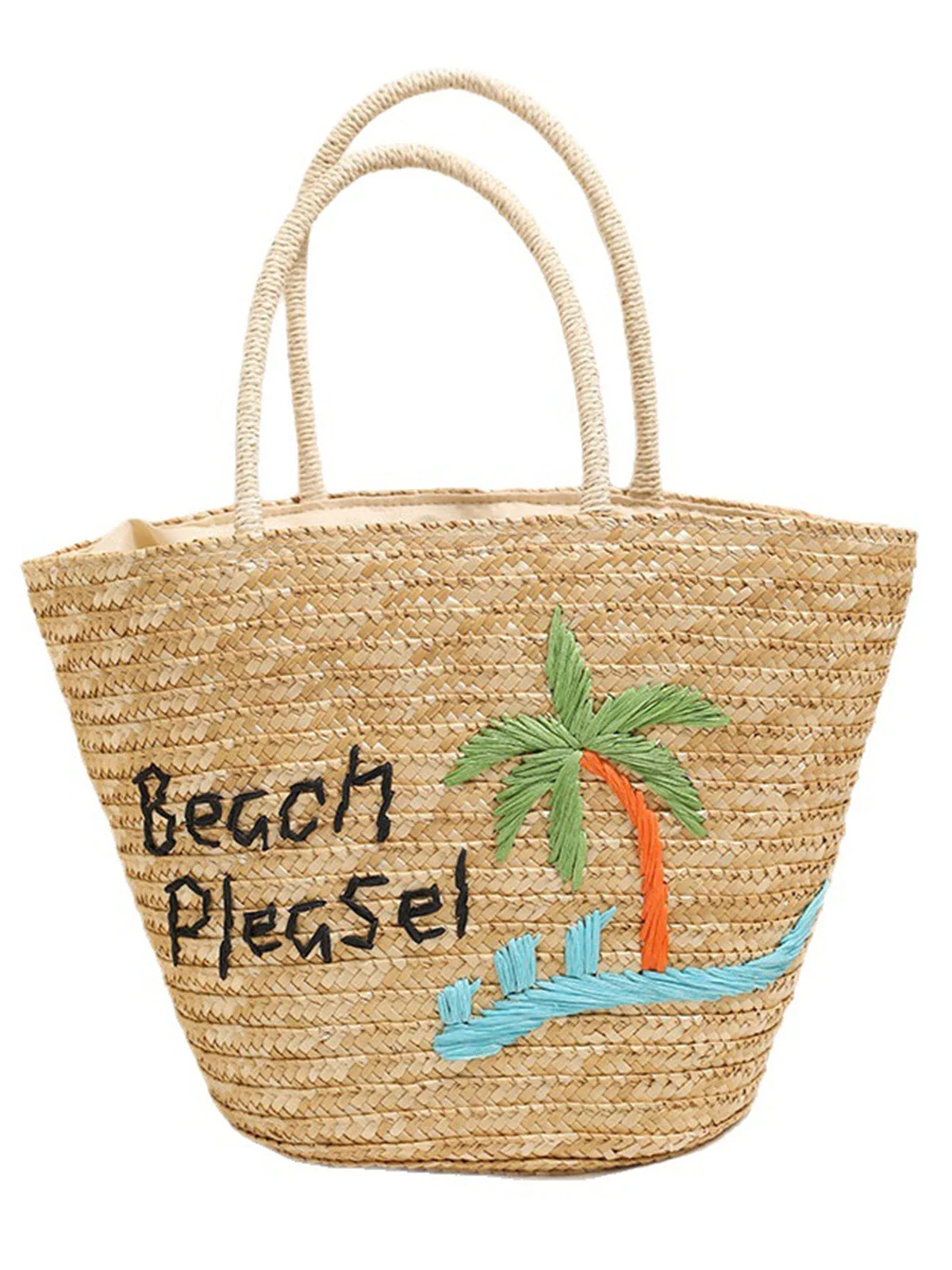 Khaki Coconut Palm Embroidered Straw Beach Tote Bag
