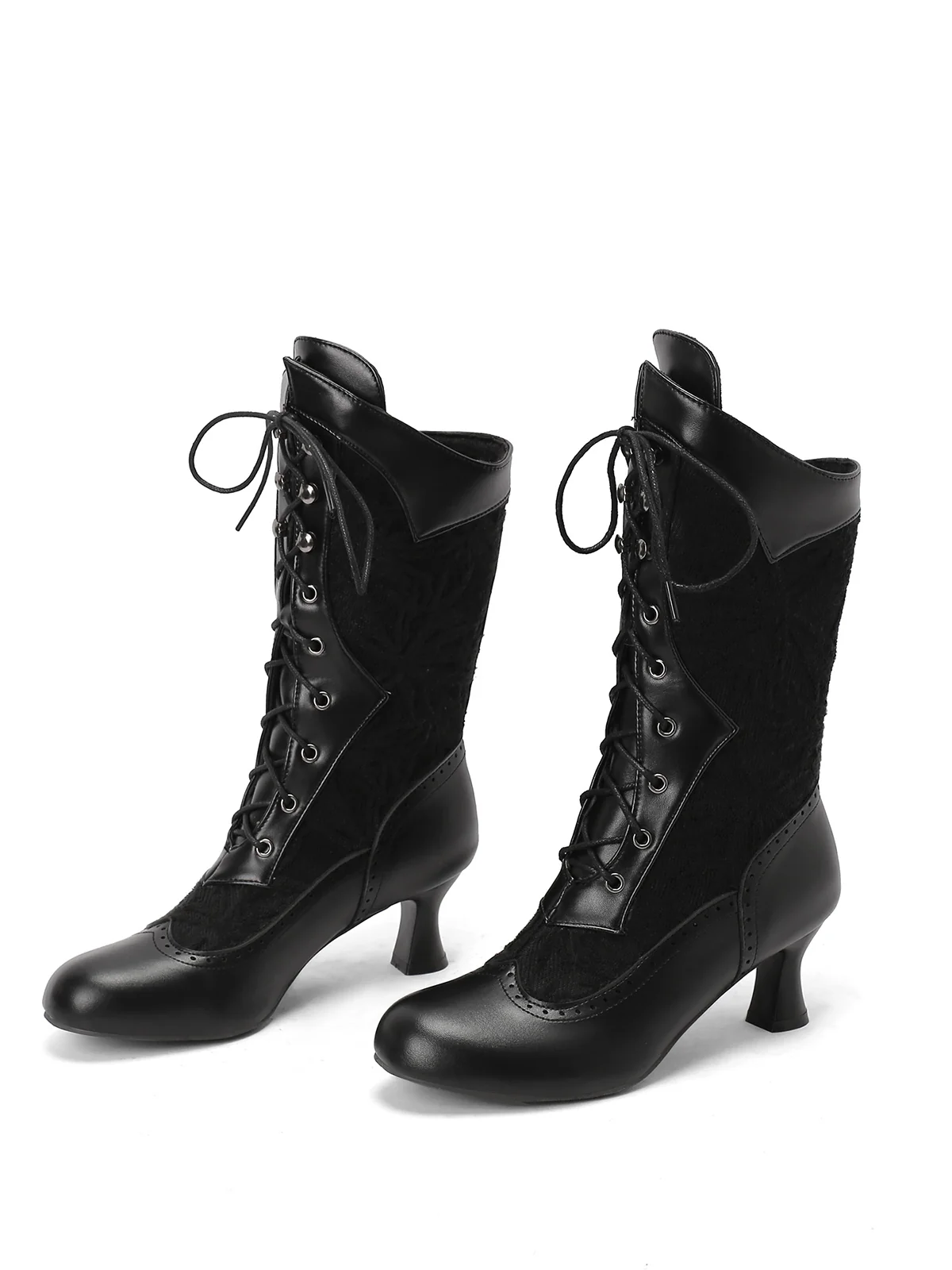 Lace Patchwork Lace-Up Calf-High Boots - Image 5