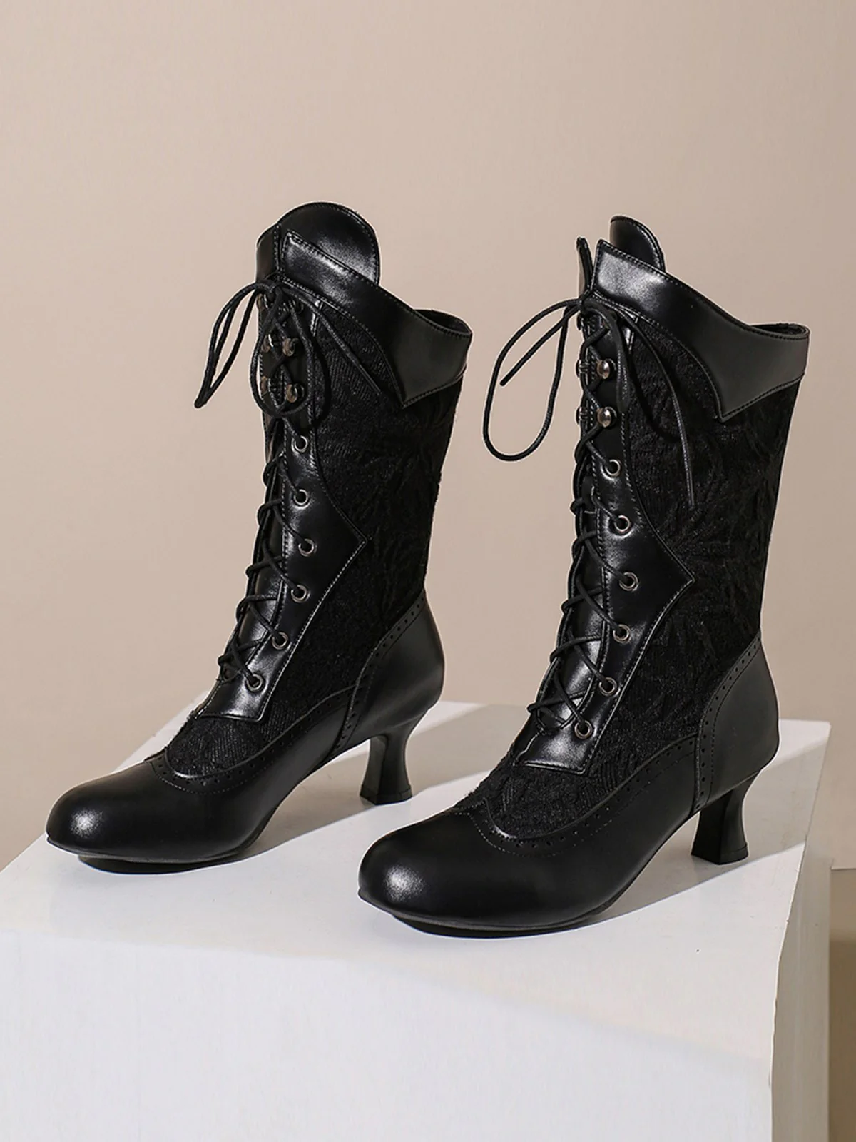 Lace Patchwork Lace-Up Calf-High Boots - Image 8