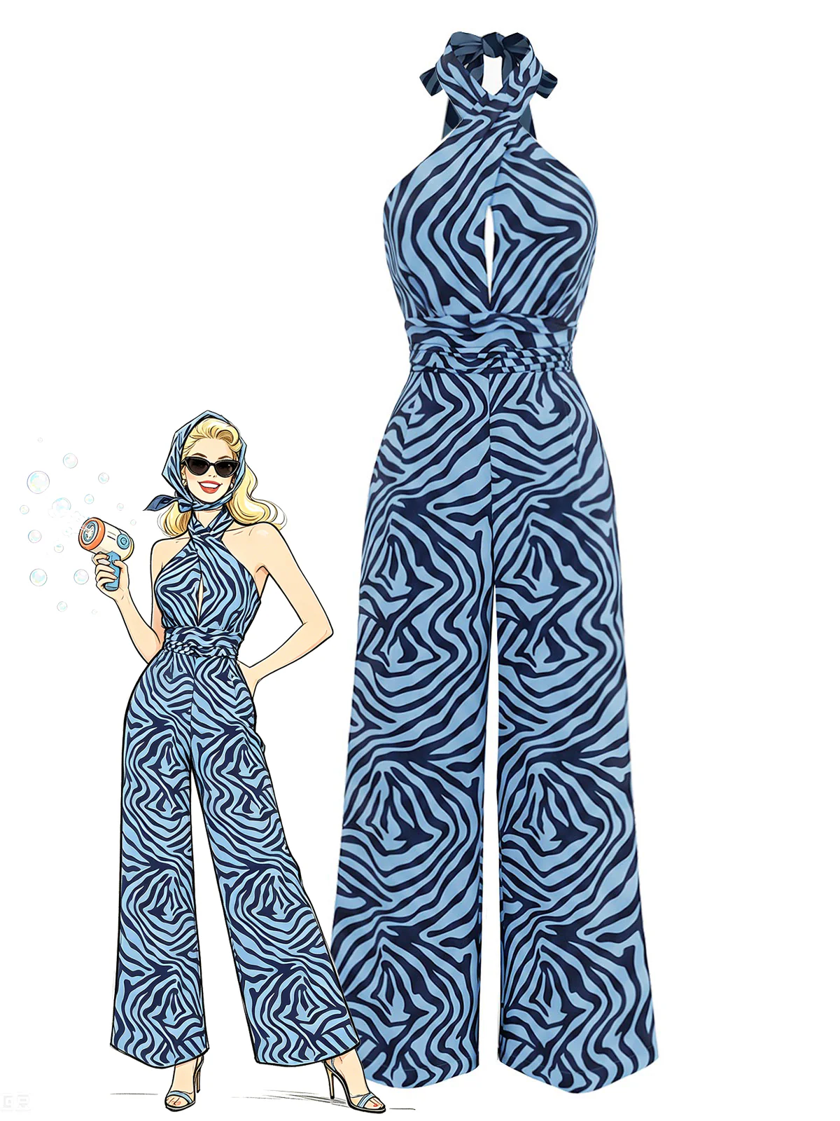 [Pre-Sale] Lake Blue 1970s Zebra Print Halter Jumpsuit