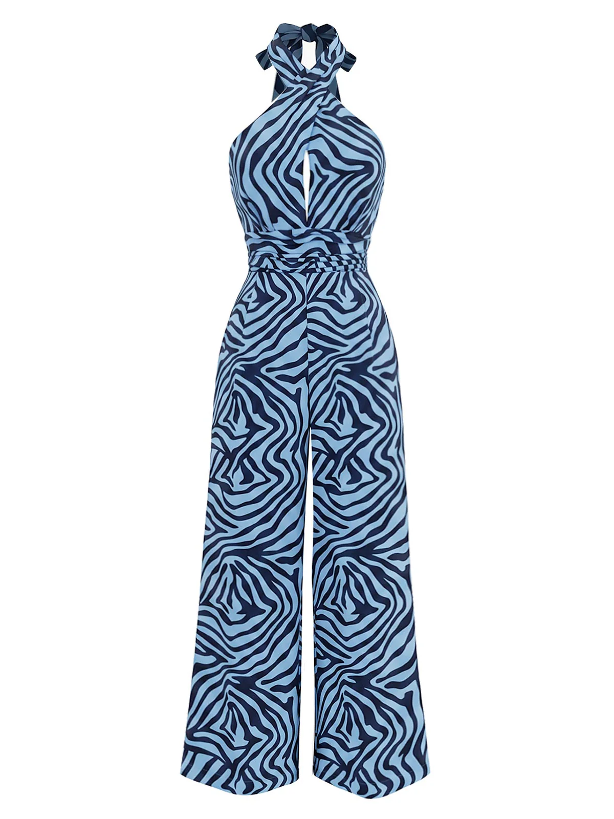 [Pre-Sale] Lake Blue 1970s Zebra Print Halter Jumpsuit - Image 2