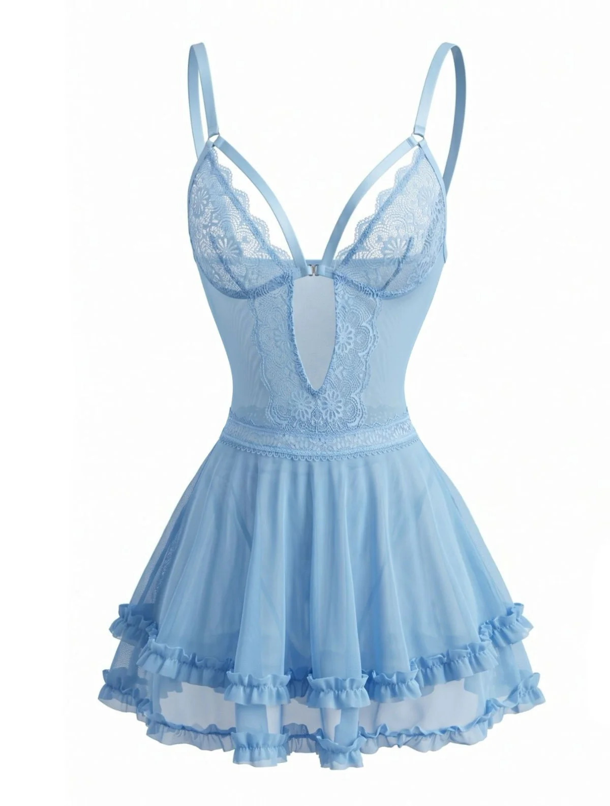 Lake Blue 1980s Floral Spaghetti Strap Lace Nightgown - Image 2
