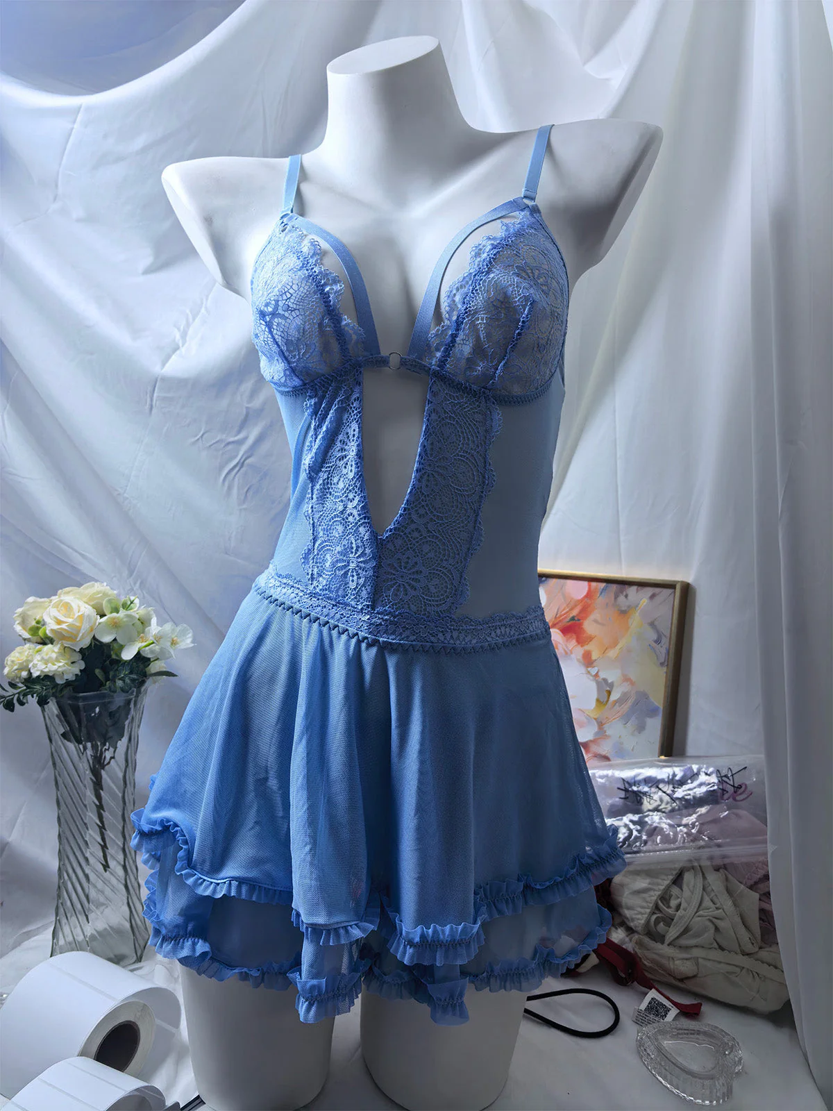 Lake Blue 1980s Floral Spaghetti Strap Lace Nightgown - Image 4
