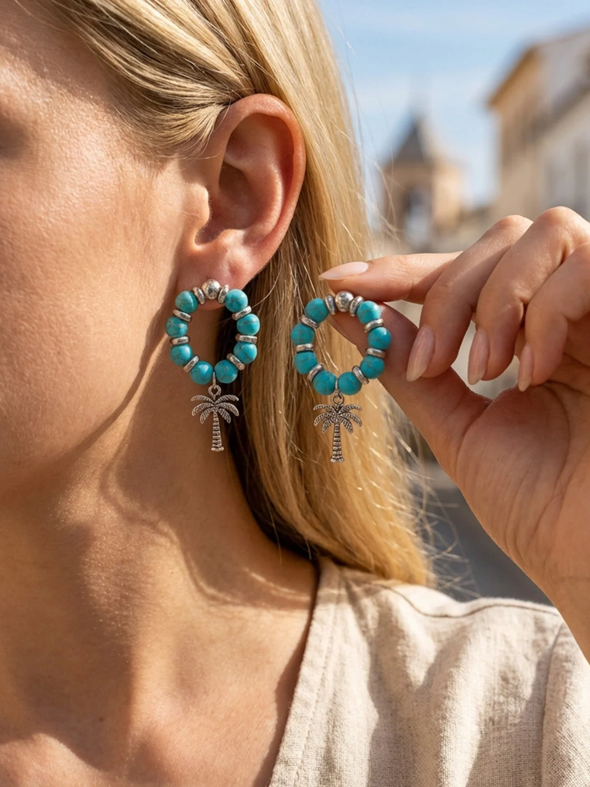 Lake Blue Vintage Beaded Palm Tree Earrings - Image 2