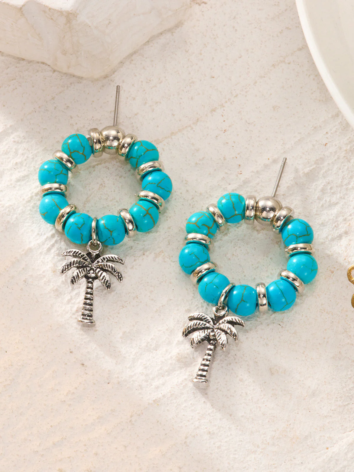 Lake Blue Vintage Beaded Palm Tree Earrings - Image 3
