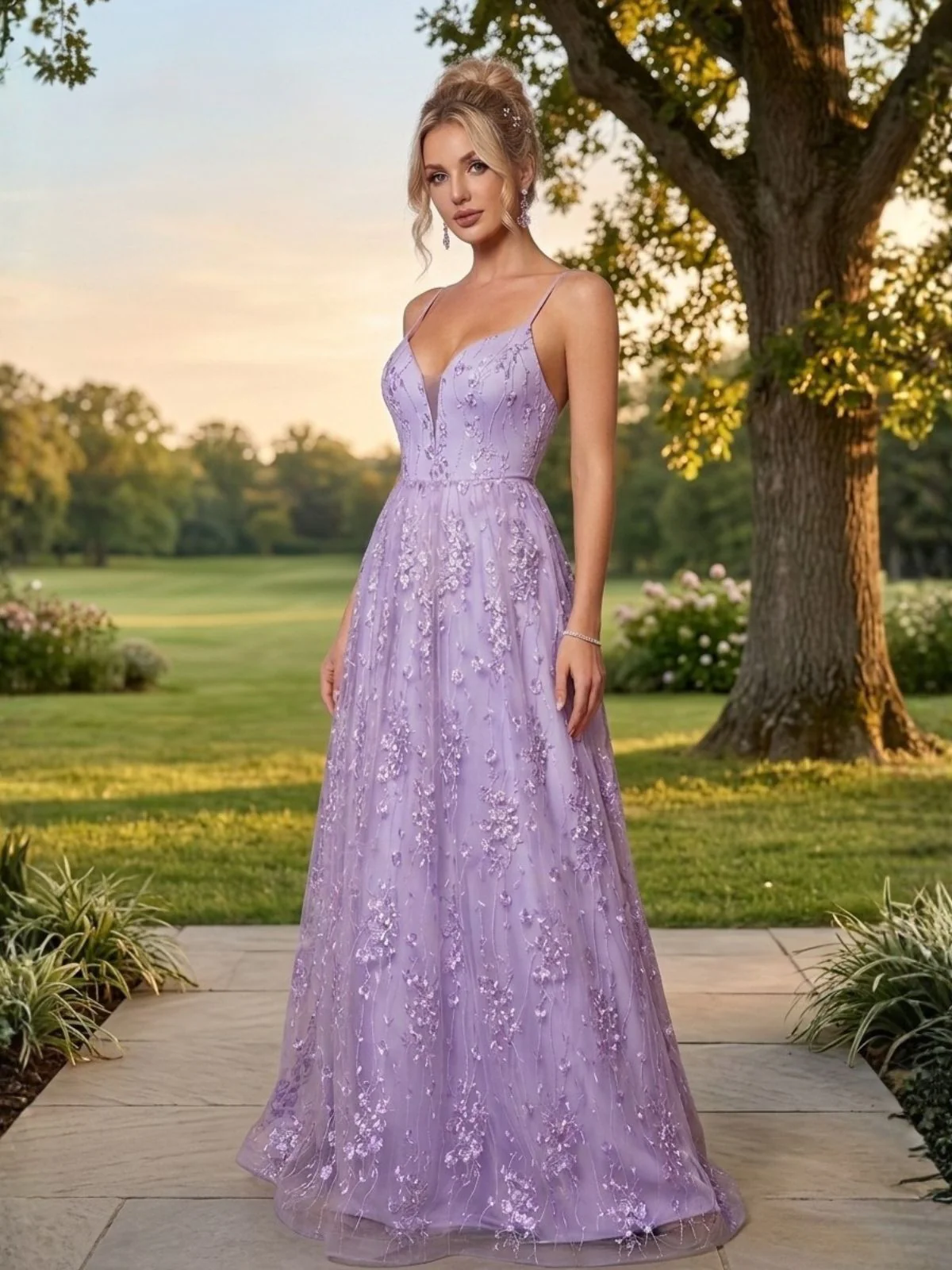 Lavender 1930s Sequin V-Neck Spaghetti Strap Dress
