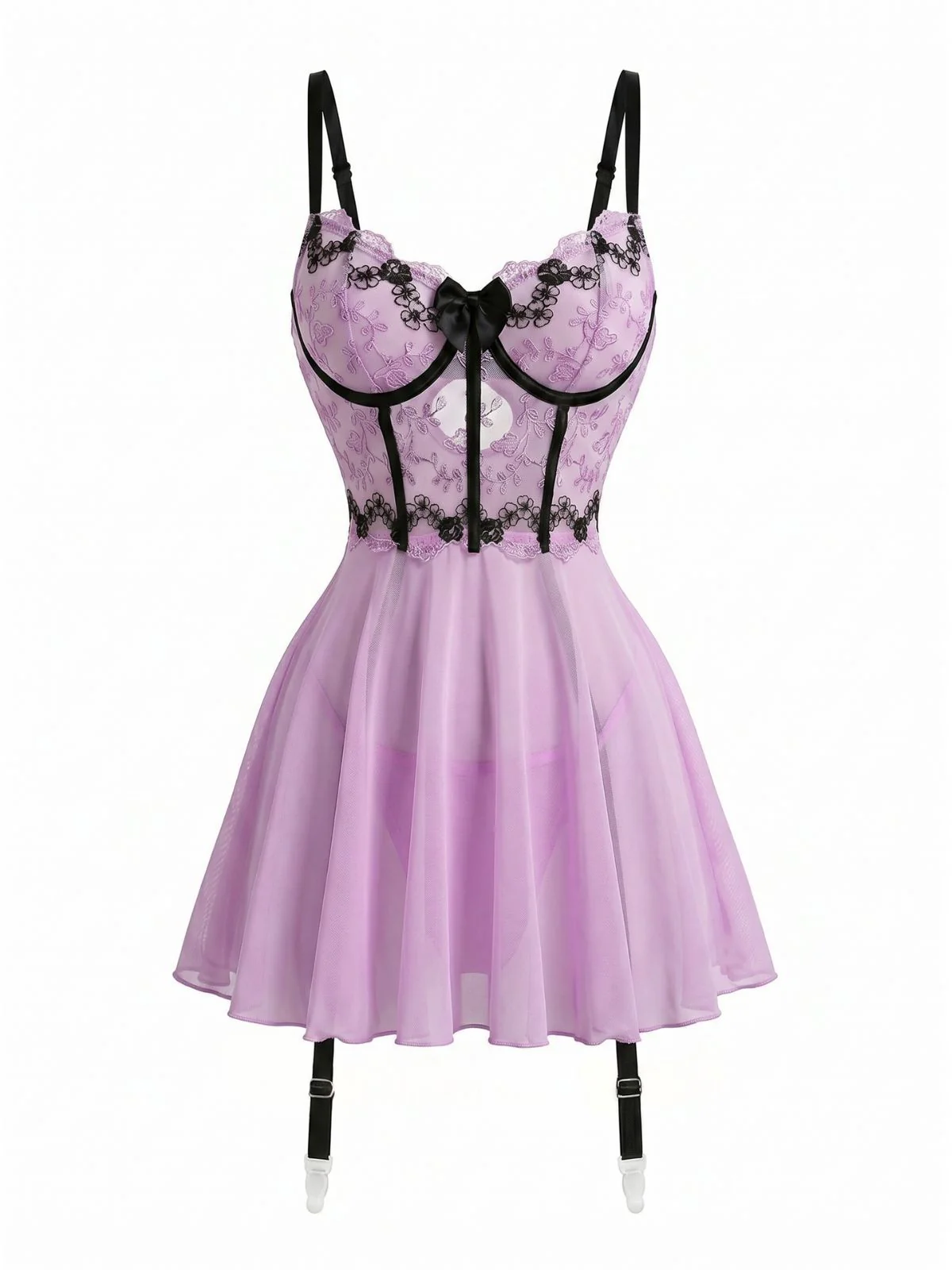 Lavender 1960s Embroidered Lace Trim Garter Bustier Lingerie