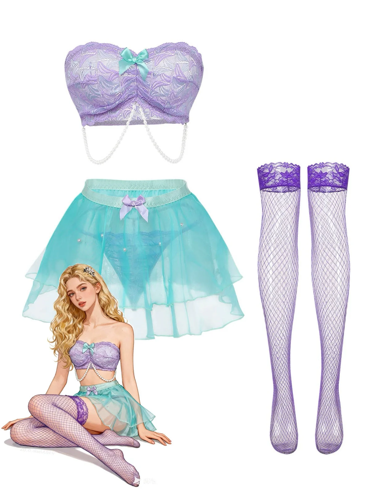 Lavender 1980s Fairycore Lace Mesh Bow Lingerie Set