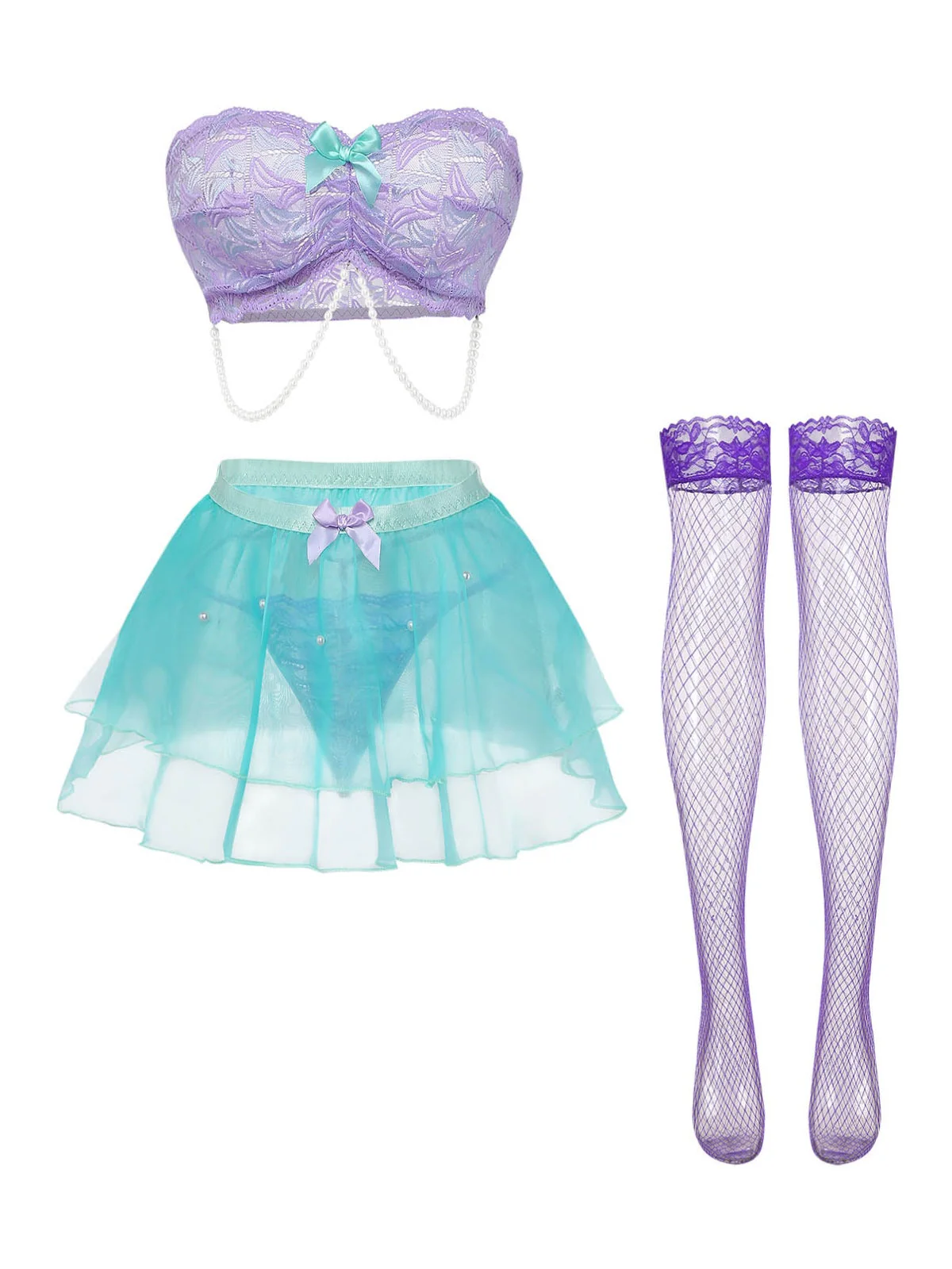 Lavender 1980s Fairycore Lace Mesh Bow Lingerie Set - Image 2