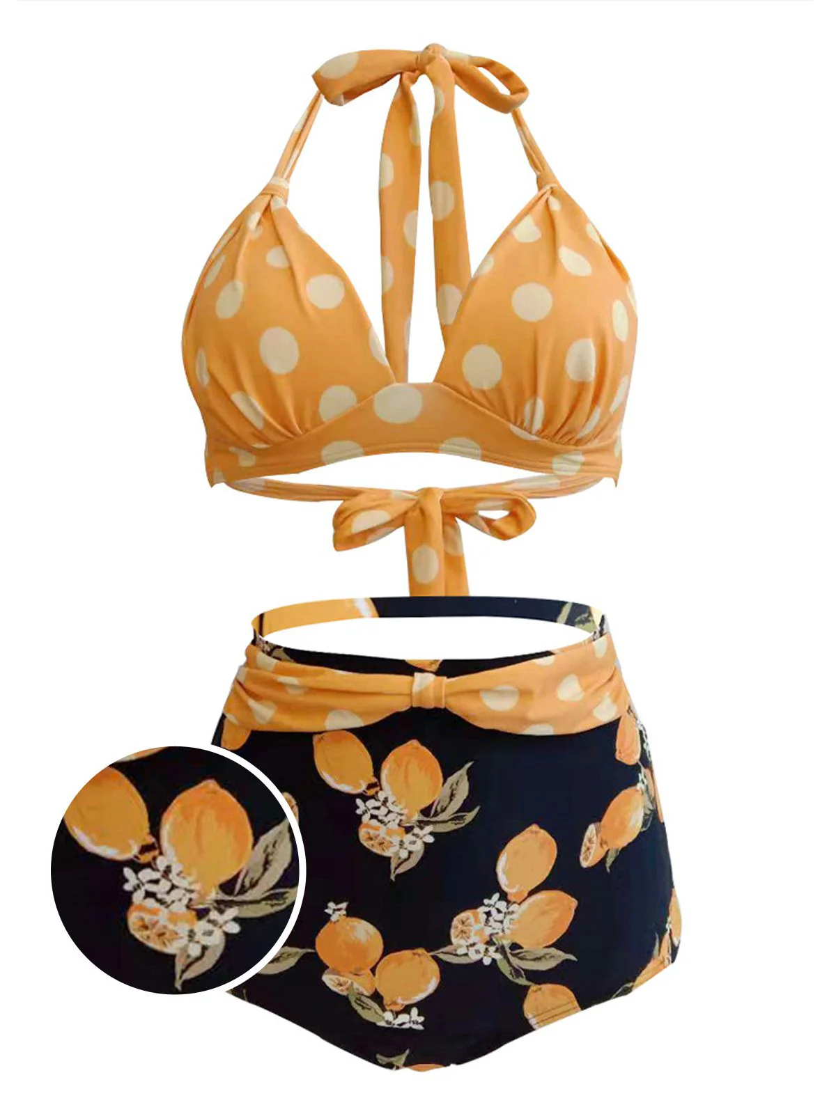1950s Lemon Polka Dot Halter Bikini