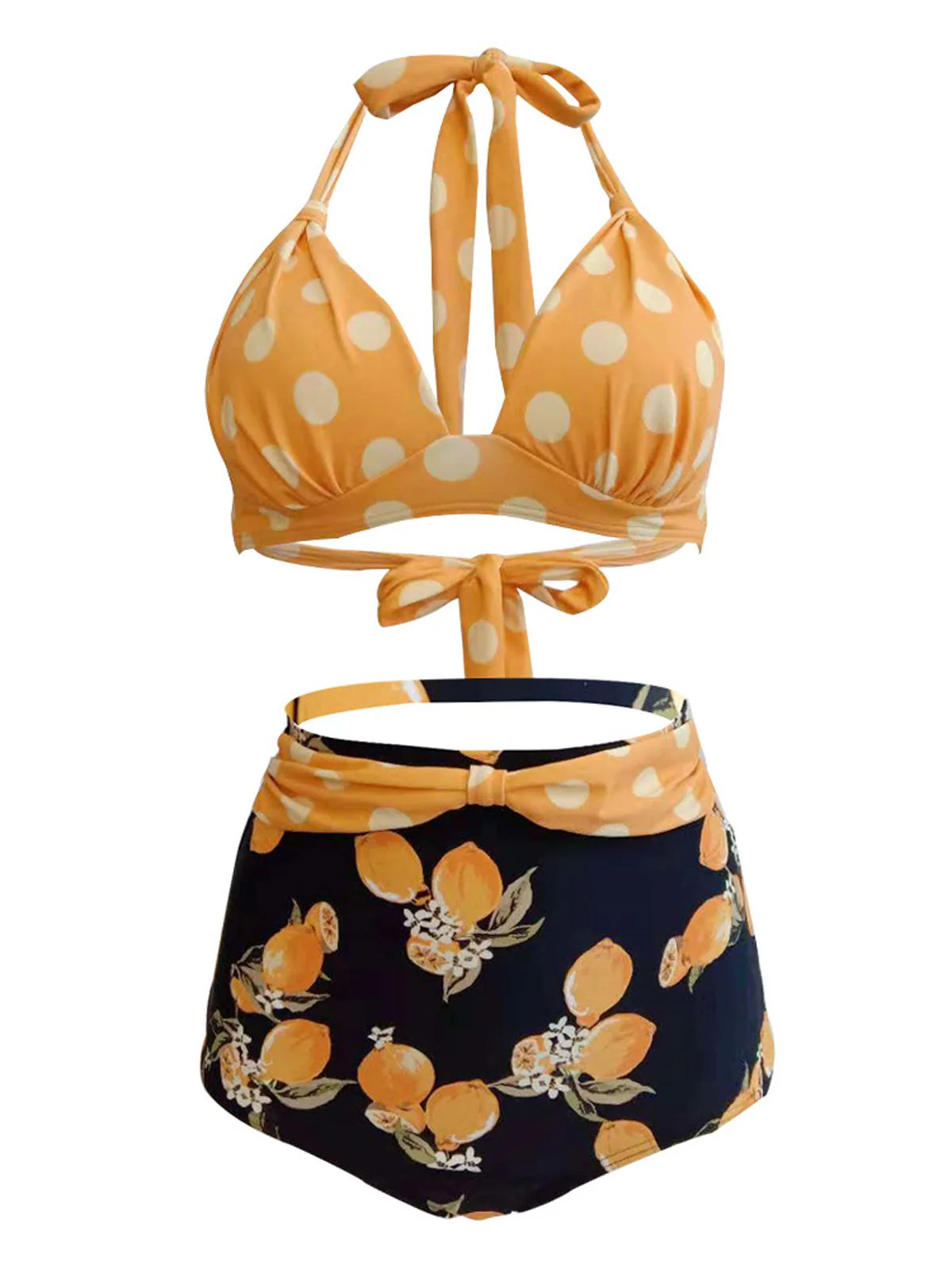 1950s Lemon Polka Dot Halter Bikini - Image 2