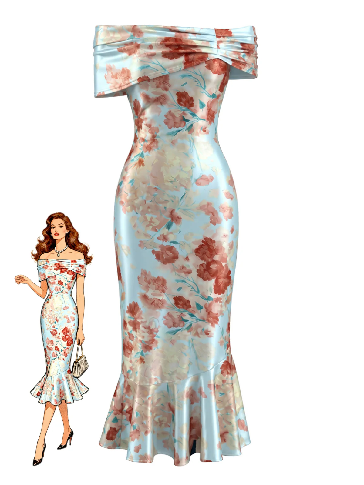 Light Blue 1930s Satin Floral Off-Shoulder Mermaid Dress