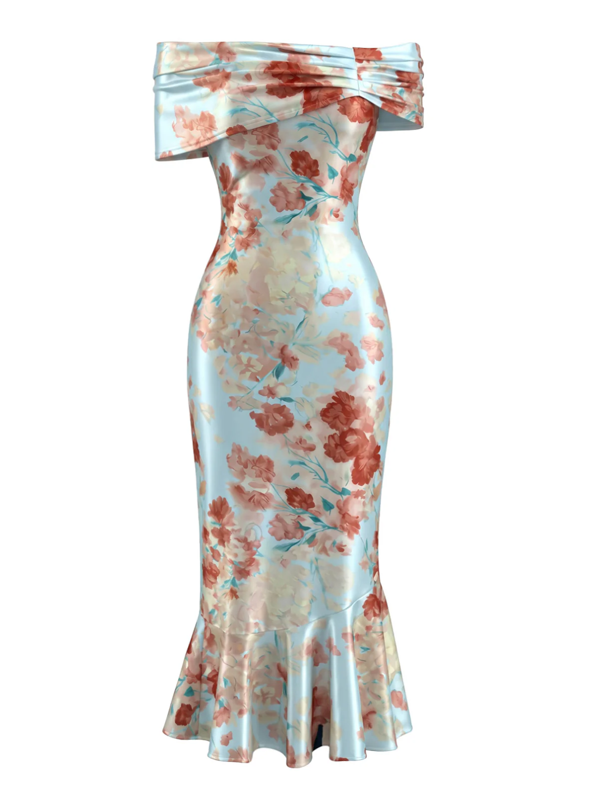 Light Blue 1930s Satin Floral Off-Shoulder Mermaid Dress - Image 2