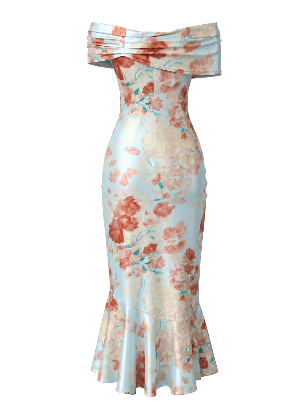 Light Blue 1930s Satin Floral Off-Shoulder Mermaid Dress - Image 3