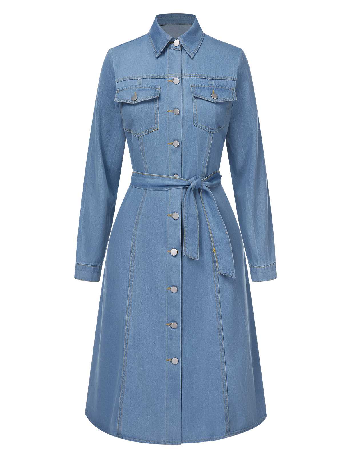 Light Blue 1940s Lapel Denim Belted Dress