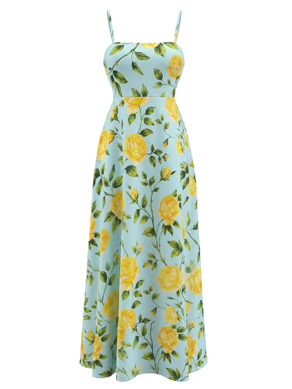 Light Blue 1940s Yellow Rose Spaghetti Strap Midi Dress - Image 2