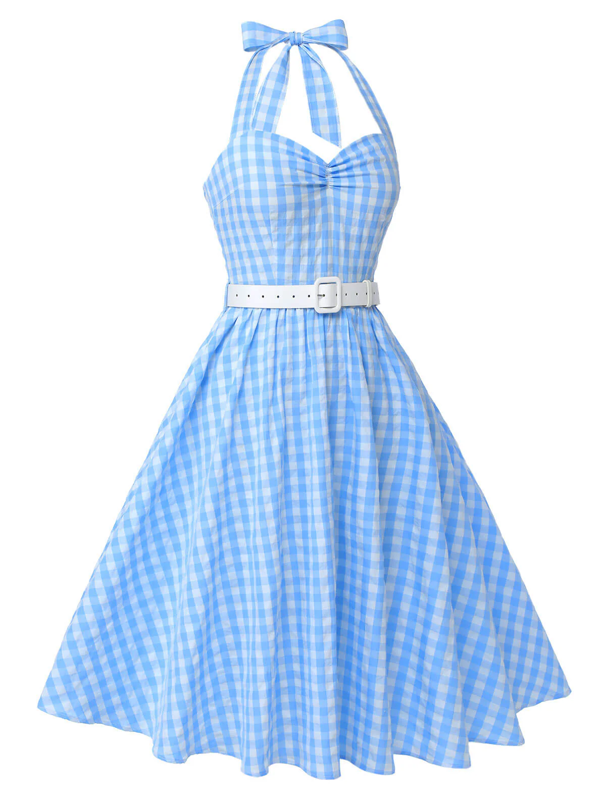 Light Blue 1950s Plaid Halter Swing Dress - Image 3