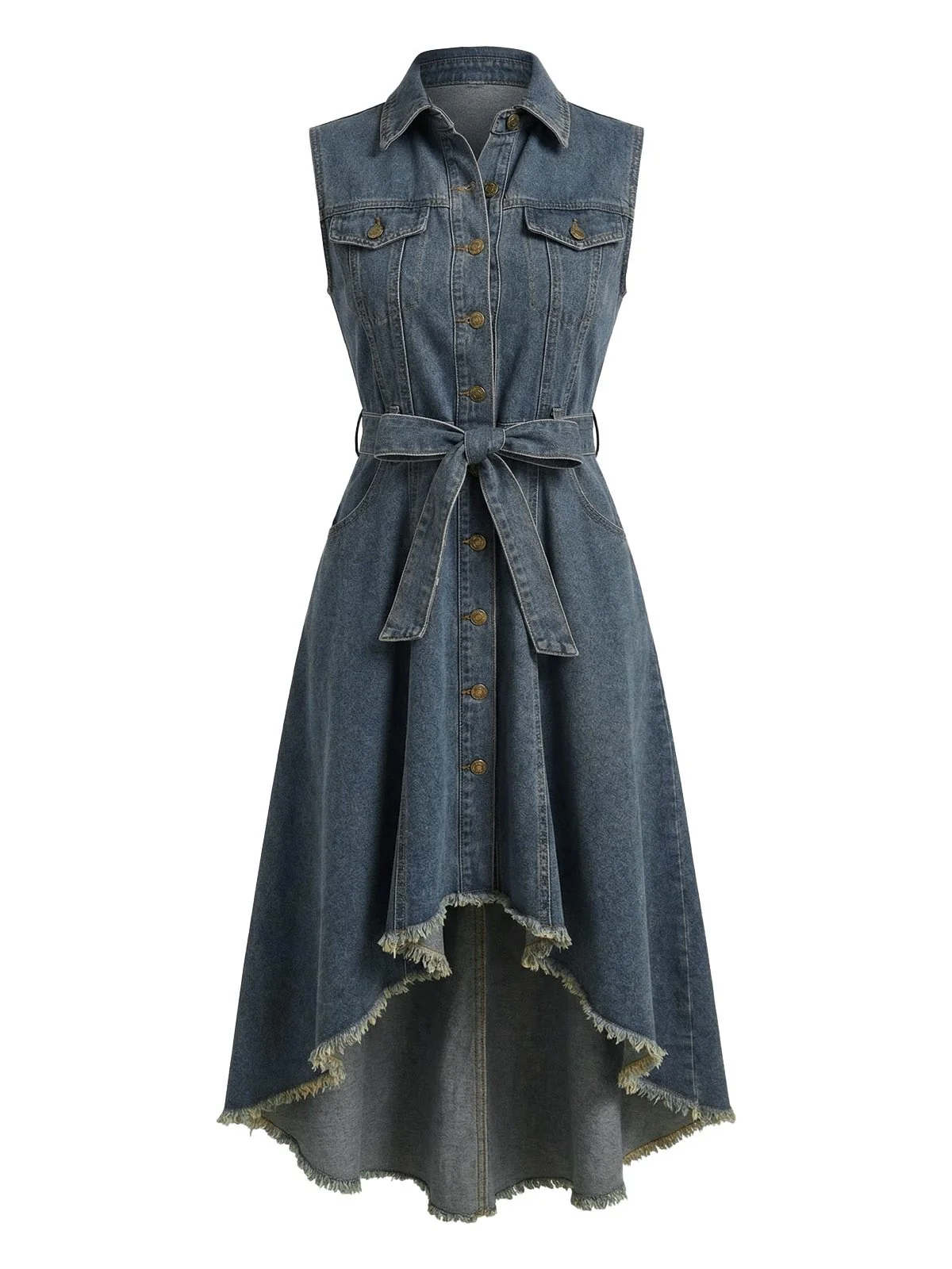 Light Blue 1950s Sleeveless High-Low Hem Denim Dress