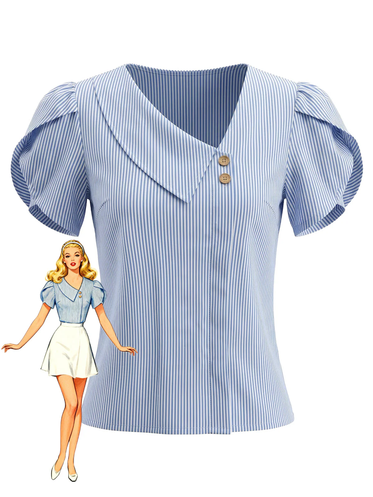 Light Blue 1960s Striped V-Neck Blouse