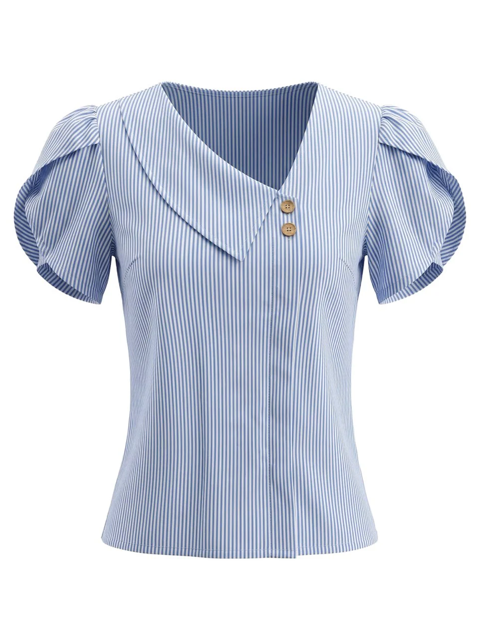 Light Blue 1960s Striped V-Neck Blouse - Image 2