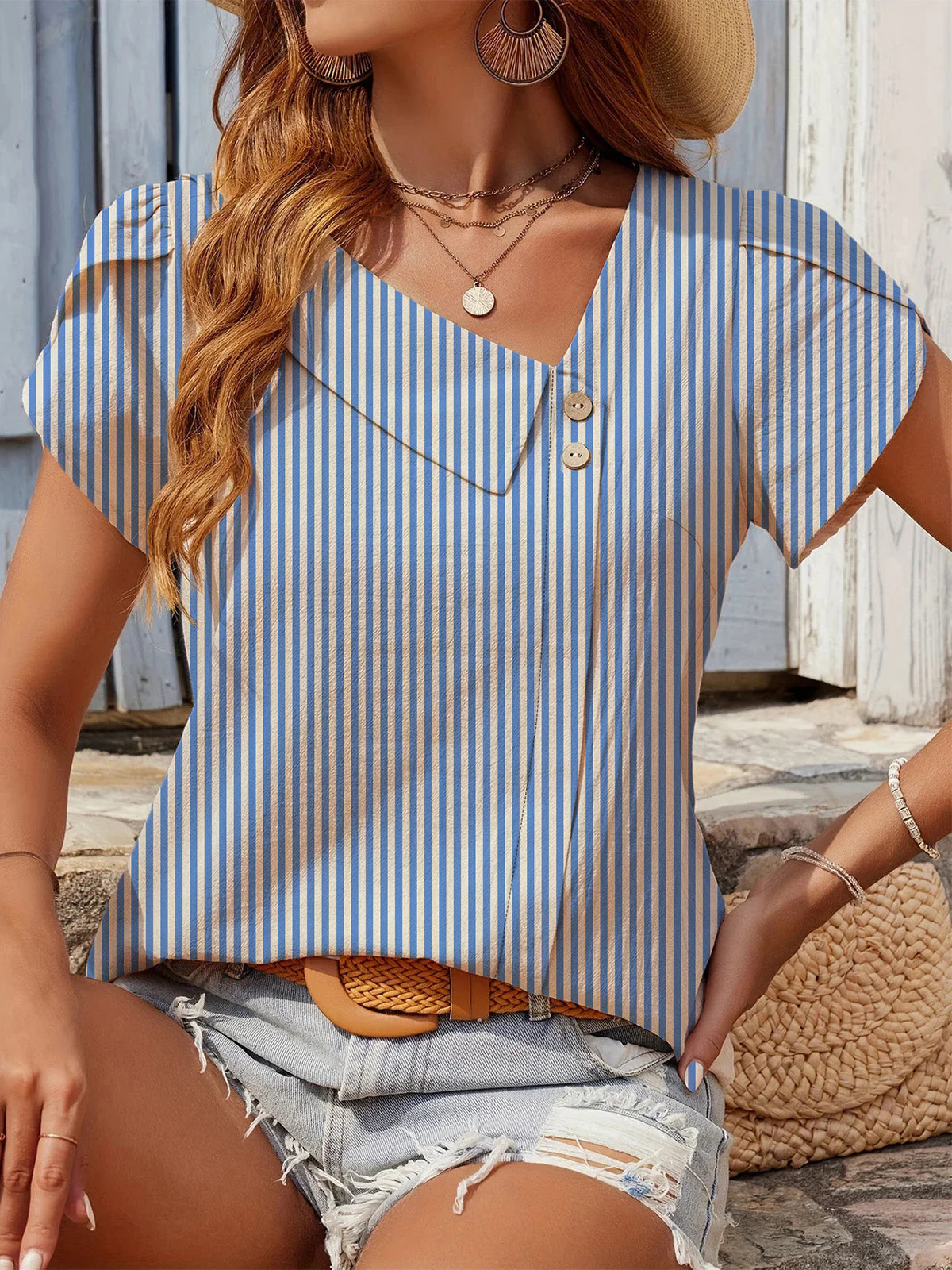 Light Blue 1960s Striped V-Neck Blouse - Image 3