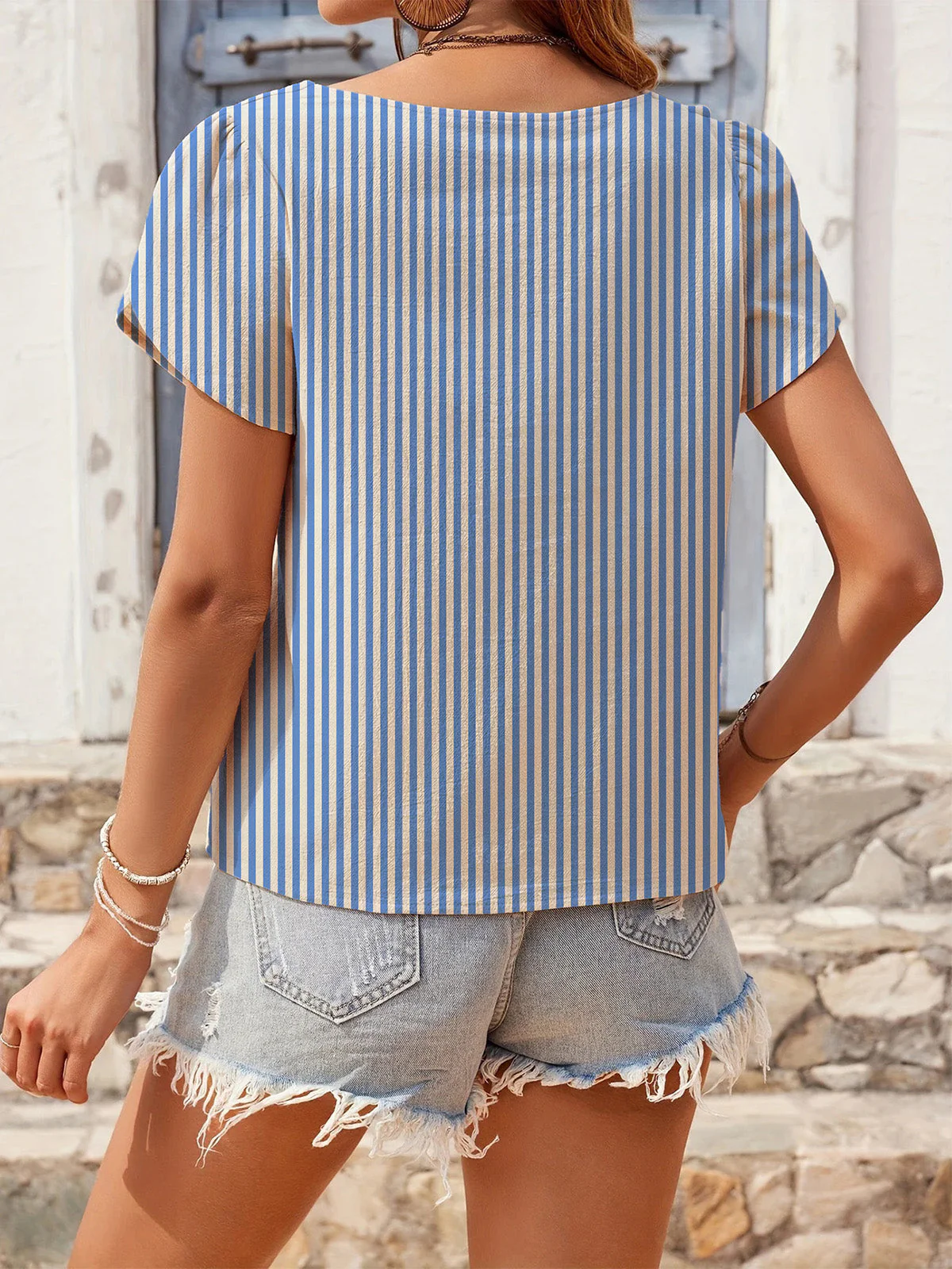 Light Blue 1960s Striped V-Neck Blouse - Image 4