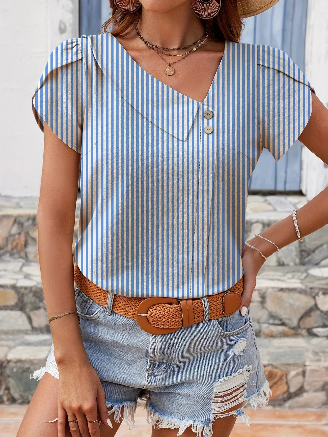 Light Blue 1960s Striped V-Neck Blouse - Image 5