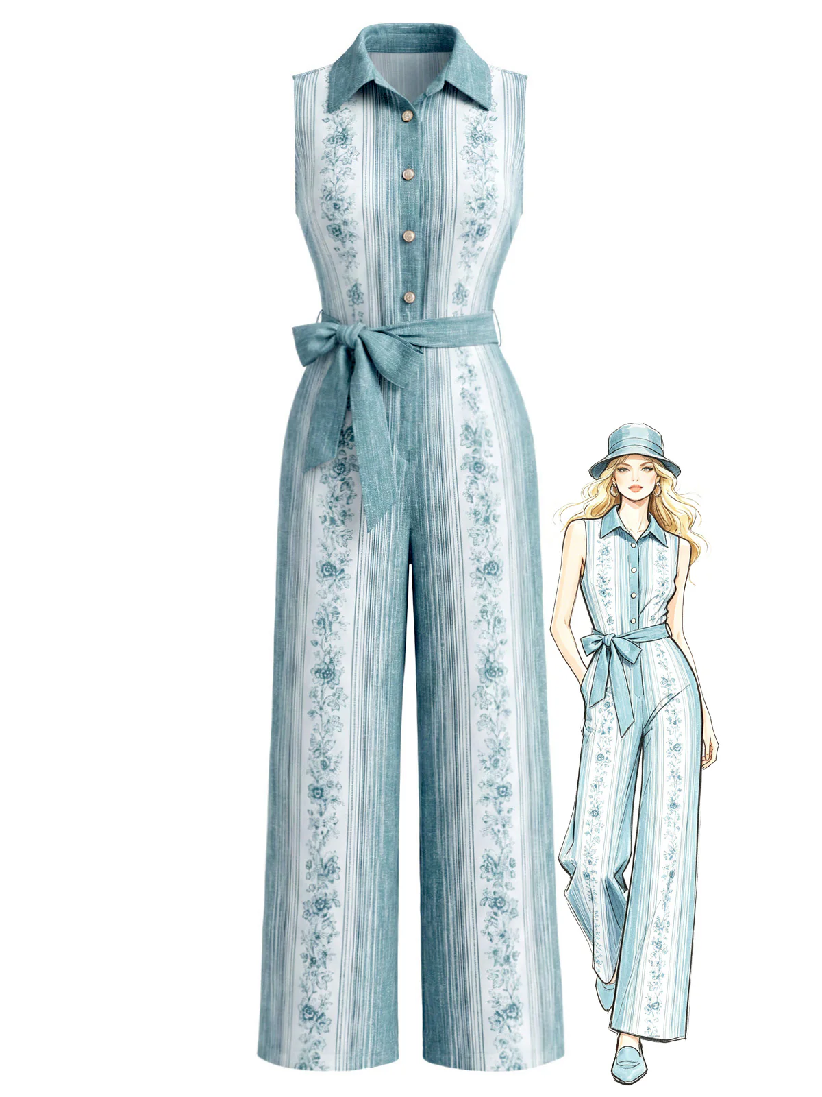 [Pre-Sale] Light Blue 1970s Floral Button Belted Wide Leg Jumpsuit