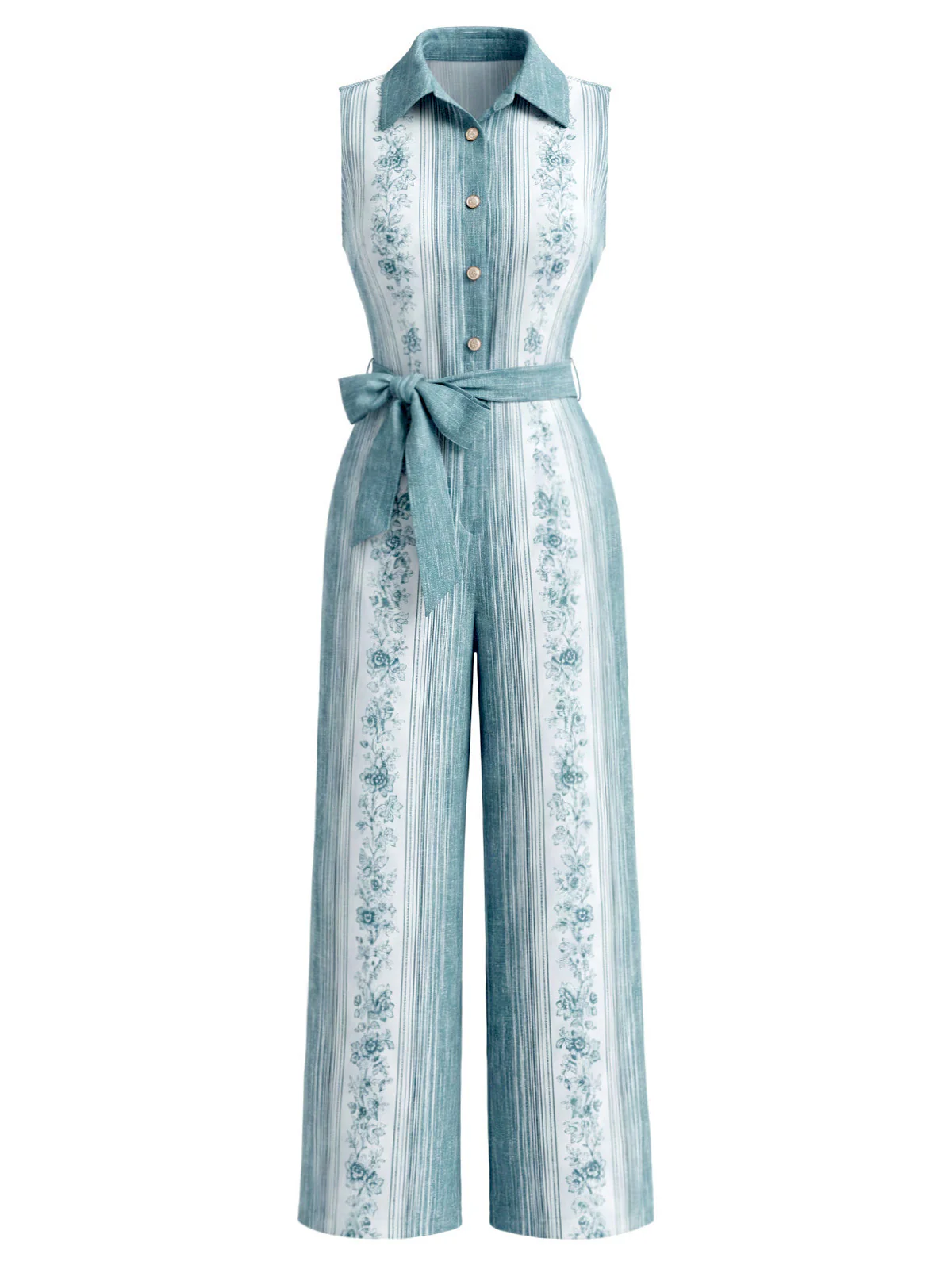 [Pre-Sale] Light Blue 1970s Floral Button Belted Wide Leg Jumpsuit - Image 3