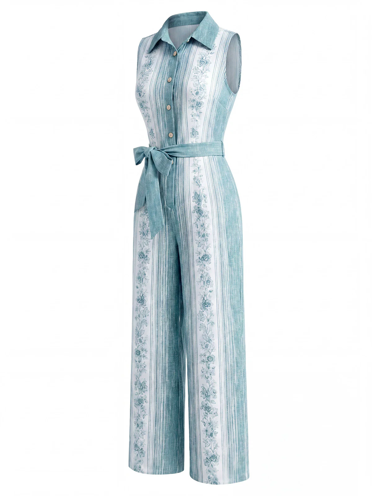 [Pre-Sale] Light Blue 1970s Floral Button Belted Wide Leg Jumpsuit - Image 4