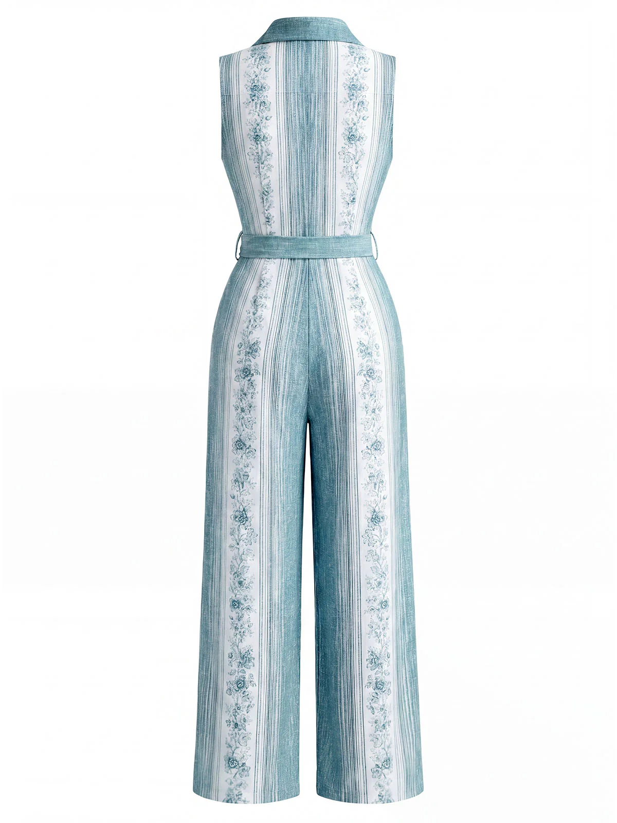 [Pre-Sale] Light Blue 1970s Floral Button Belted Wide Leg Jumpsuit - Image 5