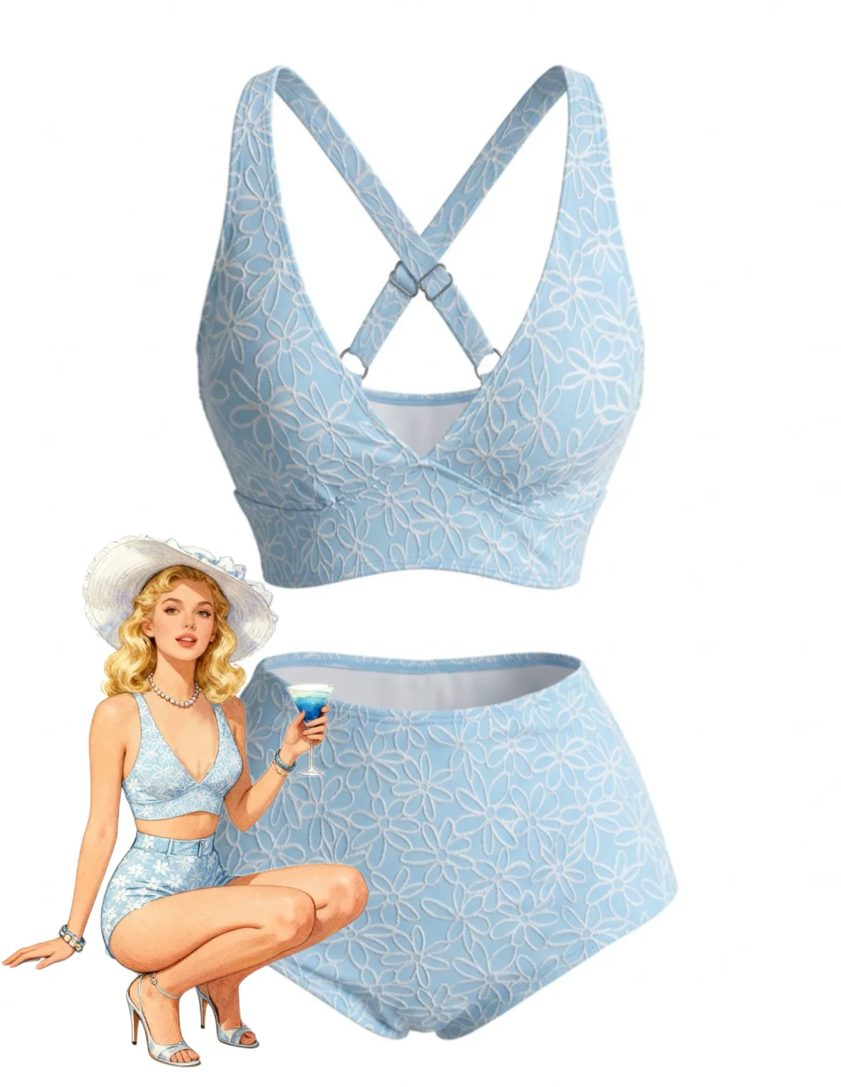 Light Blue 1980s Floral Crisscross Back High Waist Bikini Set