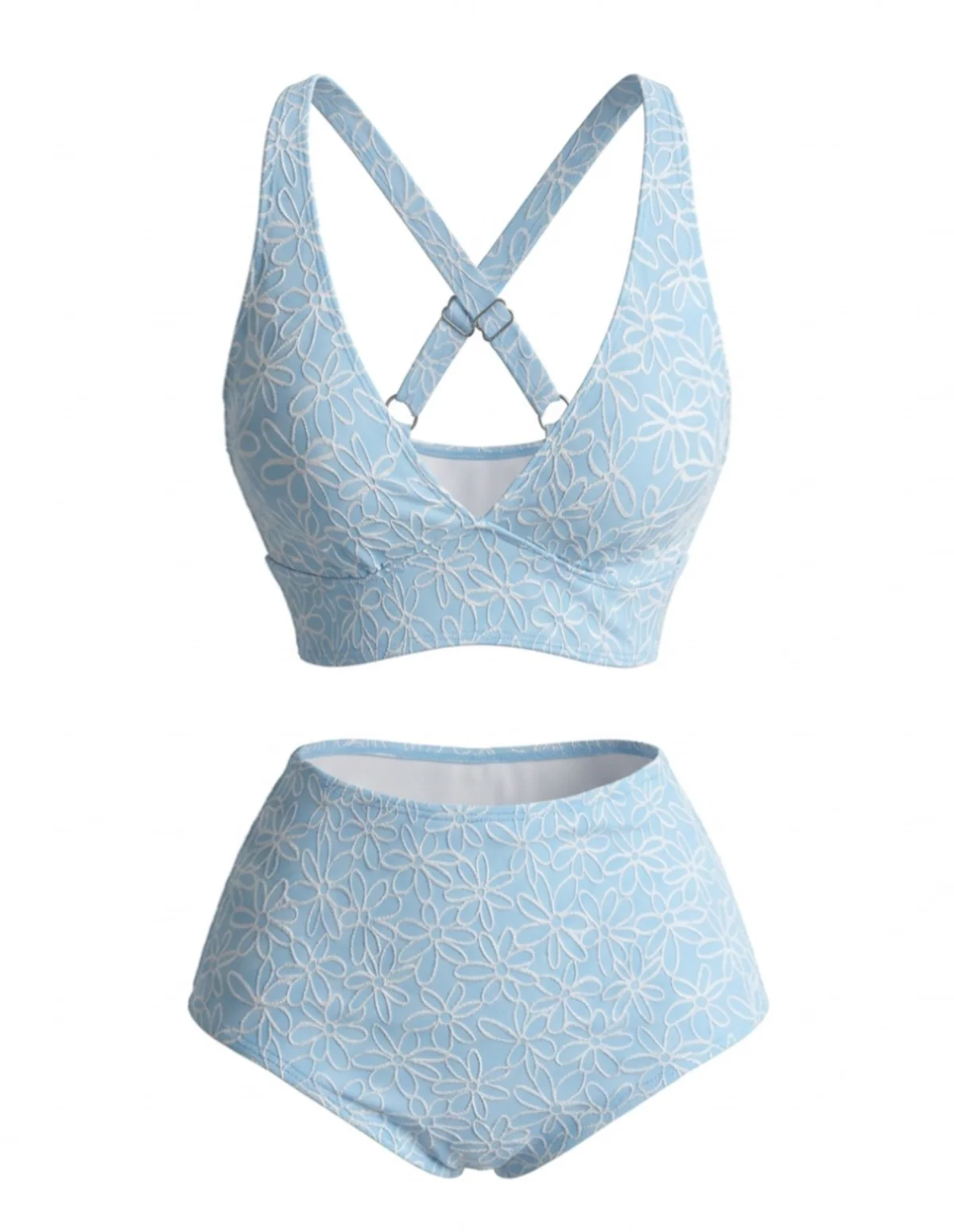 Light Blue 1980s Floral Crisscross Back High Waist Bikini Set - Image 2