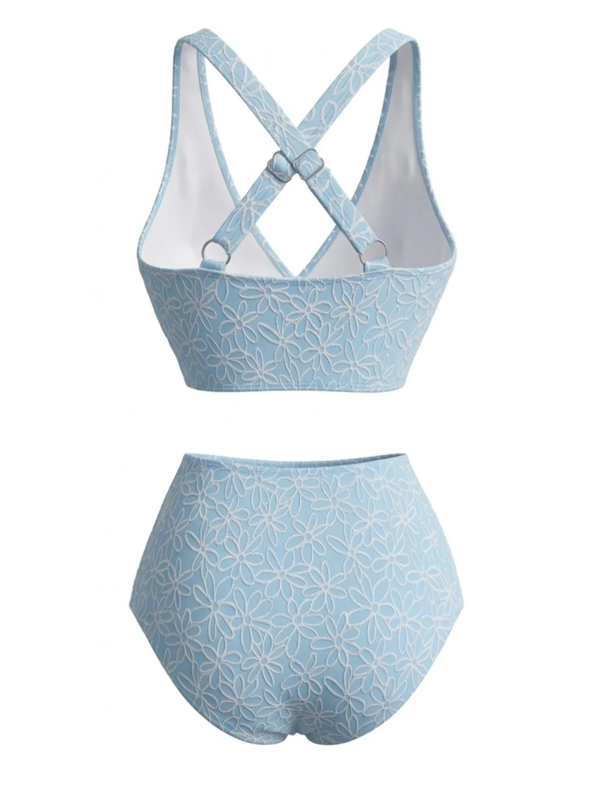 Light Blue 1980s Floral Crisscross Back High Waist Bikini Set - Image 3
