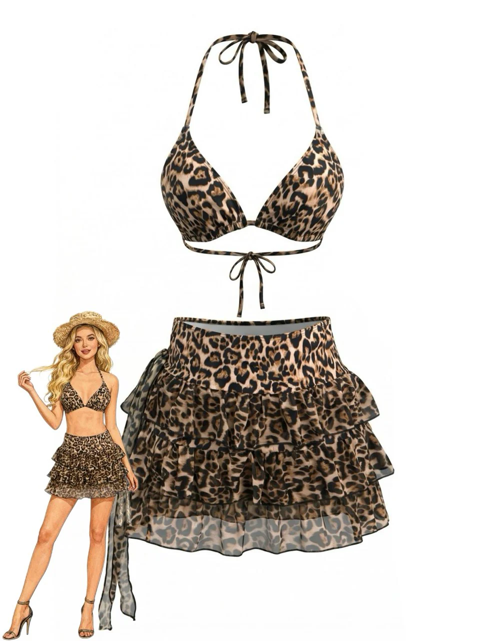 Light Coffee 1980s Leopard Bikini Set & Pleated Cover-Up