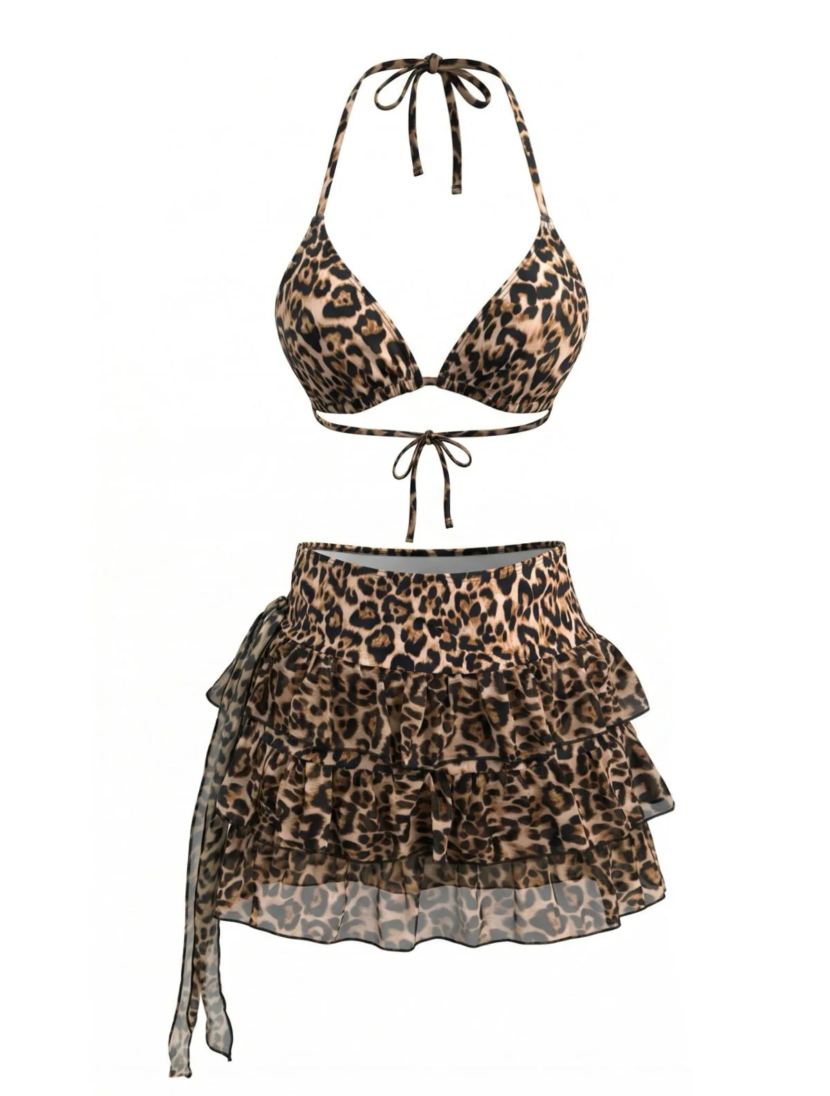 Light Coffee 1980s Leopard Bikini Set & Pleated Cover-Up - Image 2