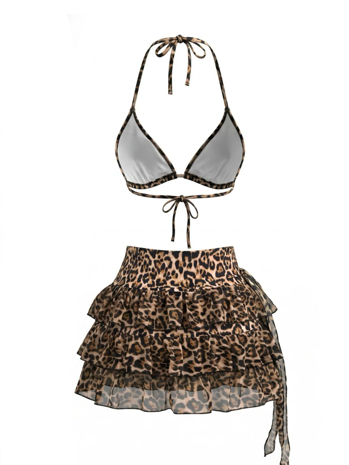Light Coffee 1980s Leopard Bikini Set & Pleated Cover-Up - Image 3