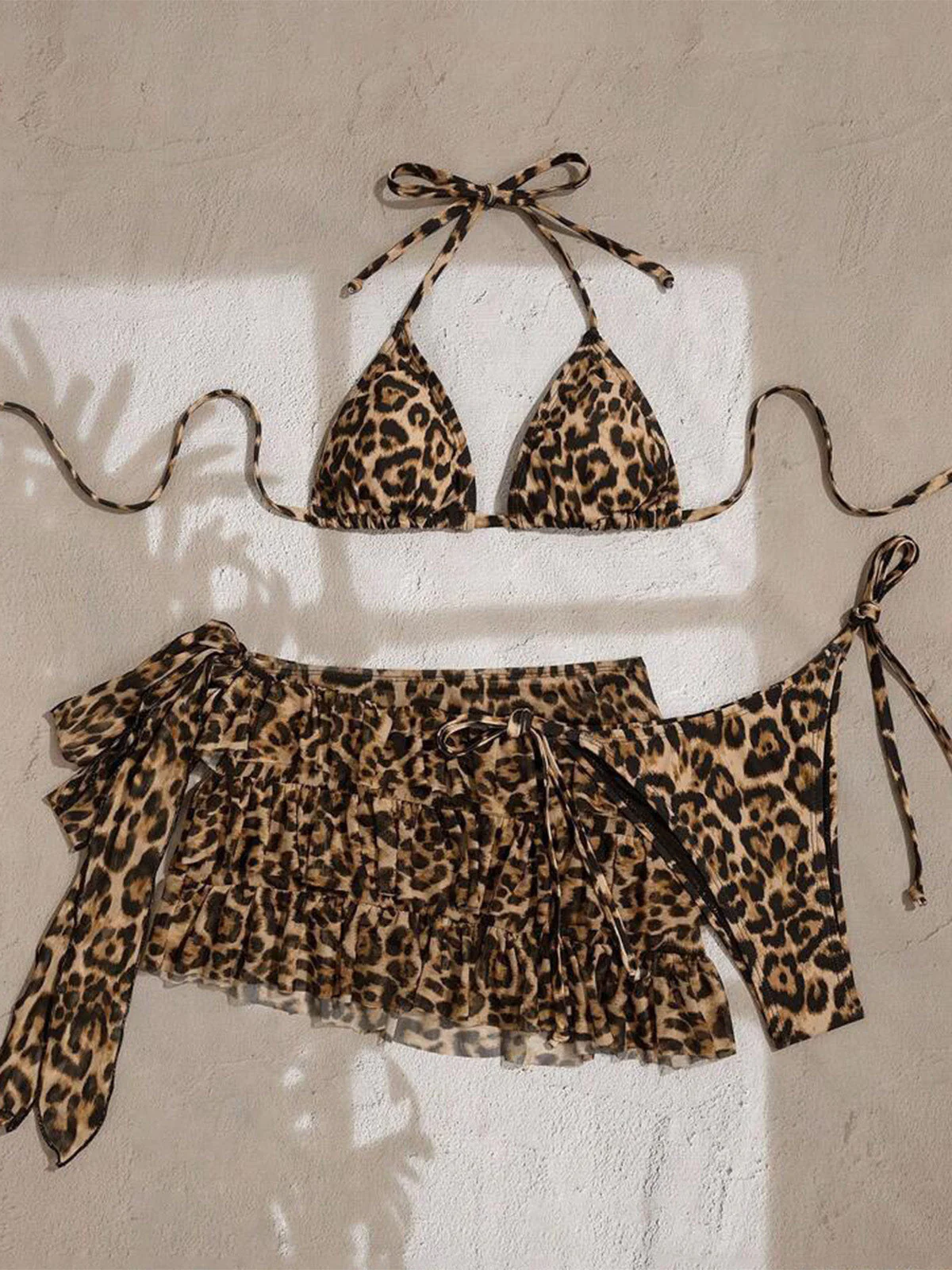 Light Coffee 1980s Leopard Bikini Set & Pleated Cover-Up - Image 6