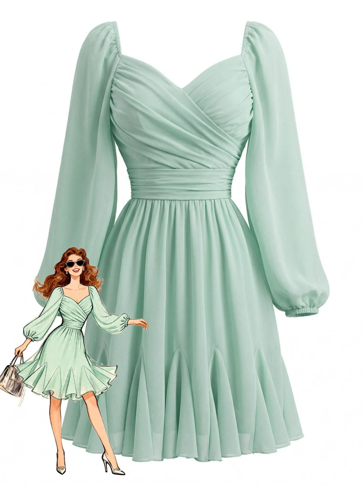 Light Green 1950s Chiffon Lantern Sleeve Ruffled Dress