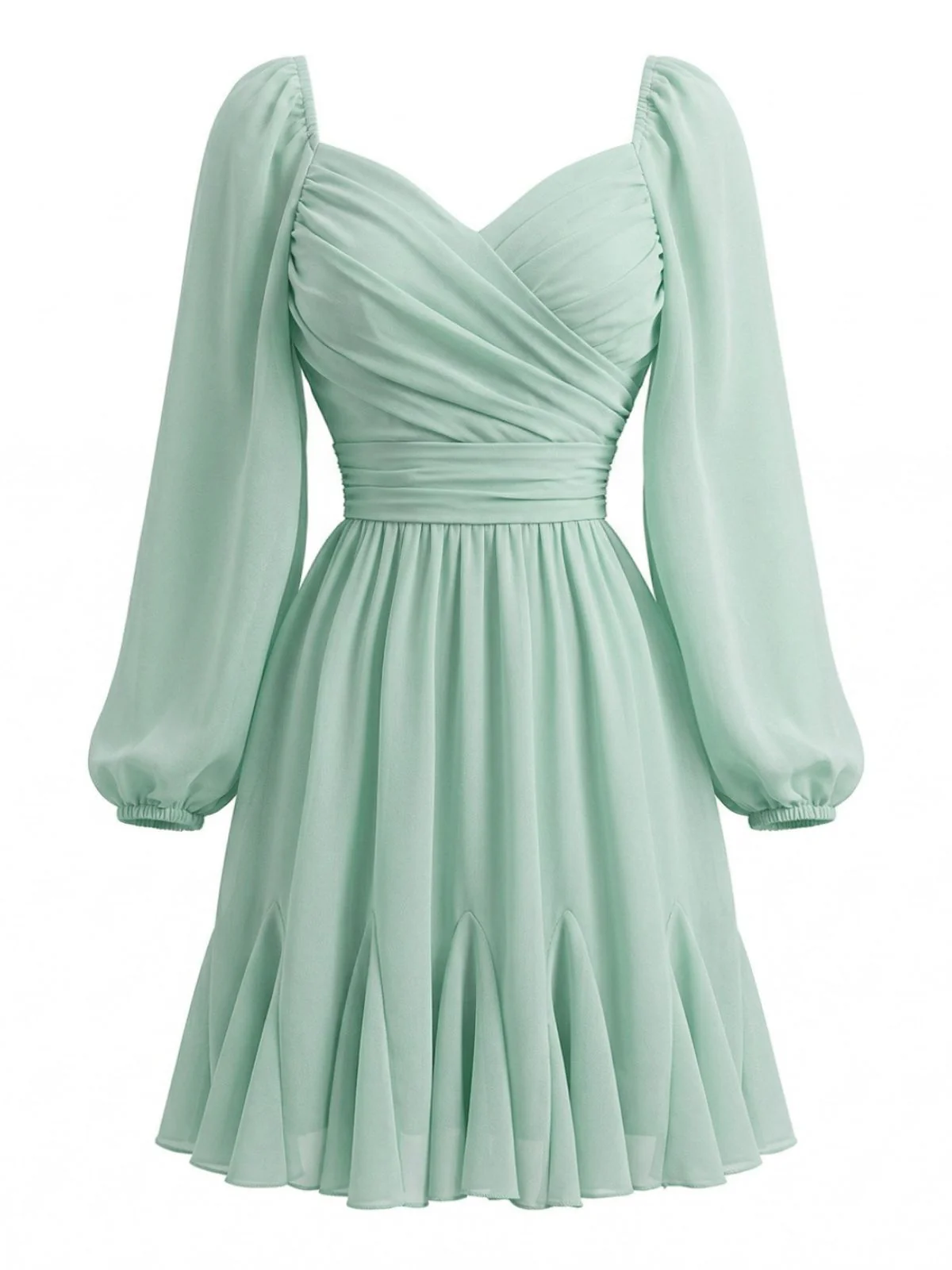 Light Green 1950s Chiffon Lantern Sleeve Ruffled Dress - Image 2
