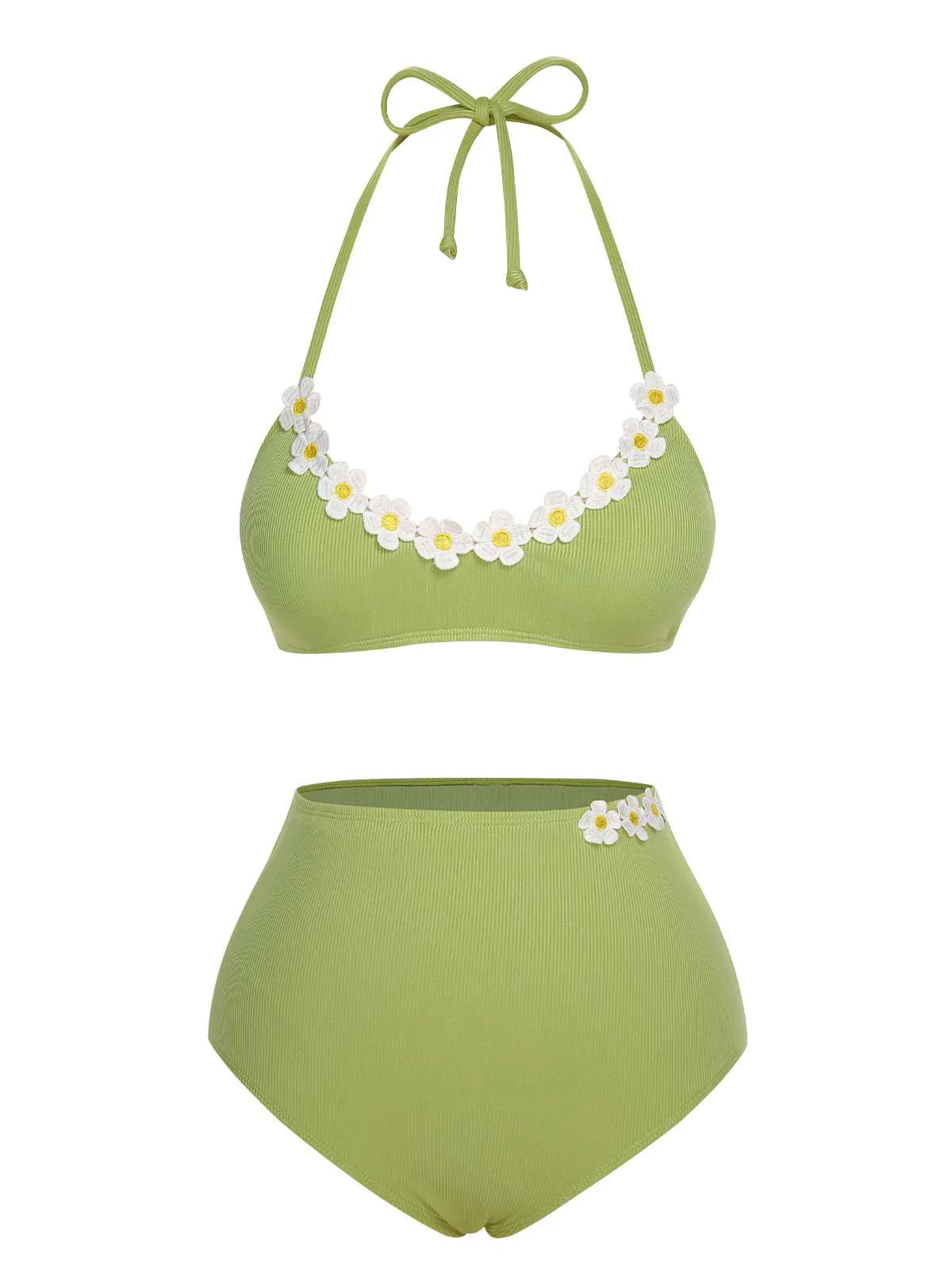 Light Green 1960s Halter Knit Daisy Swimsuit - Image 5