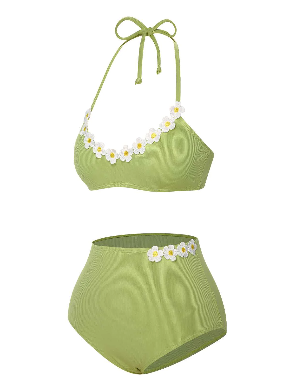 Light Green 1960s Halter Knit Daisy Swimsuit - Image 6