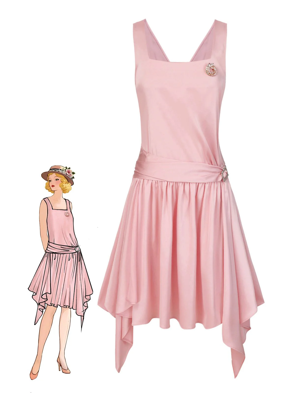 Light Pink 1920s Satin Square Neck Back Bow Dress