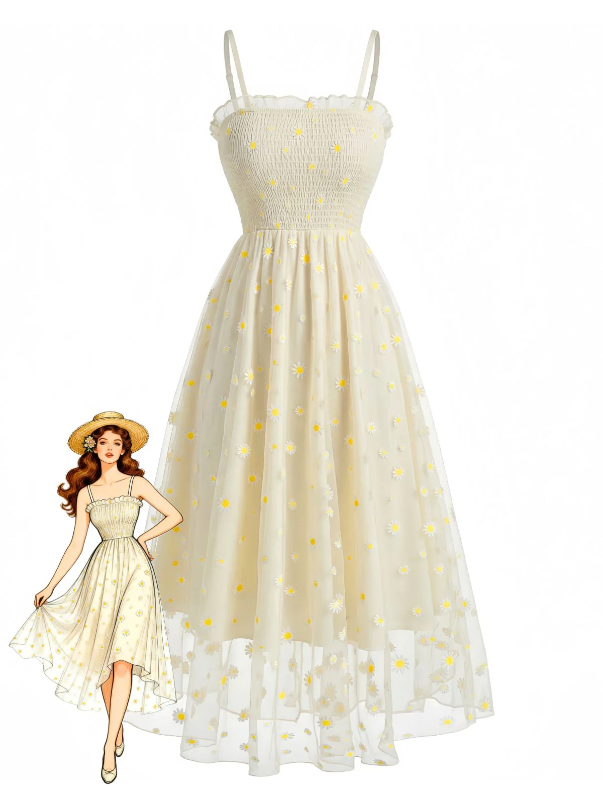 Light Yellow 1950s Daisy Embroidered Smocked Tulle Midi Dress
